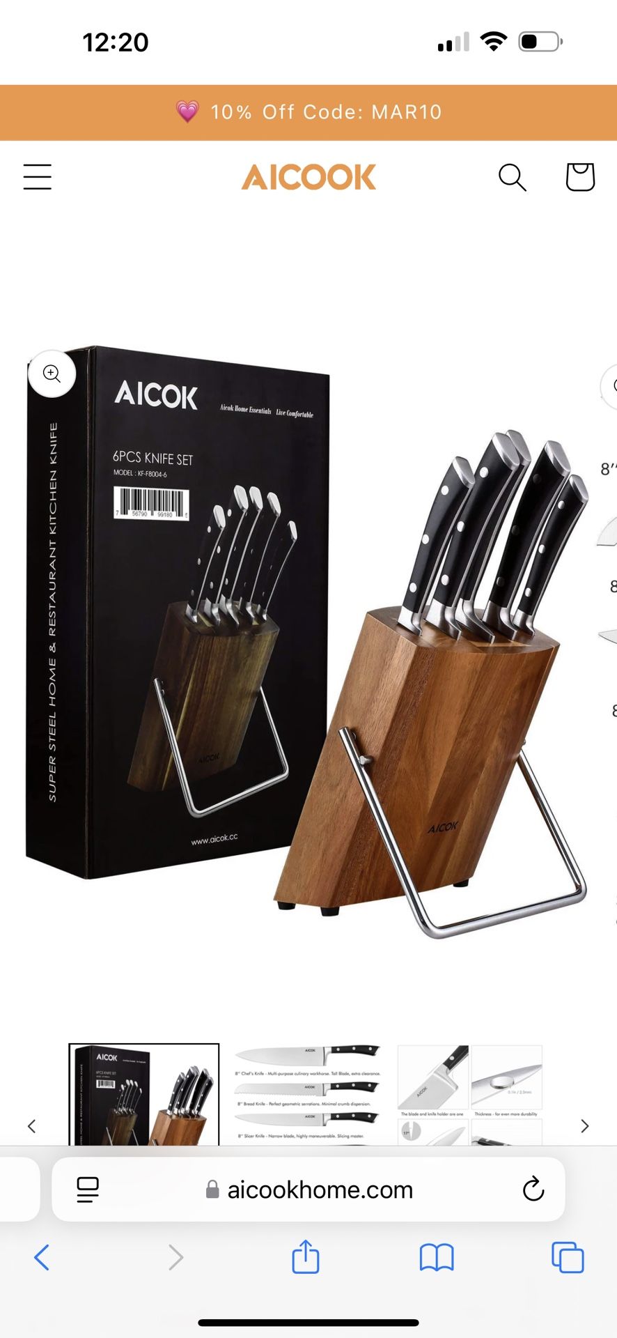 Aicok 6 Pieces German Stainless Steel Kitchen Knife Set with Wooden Block