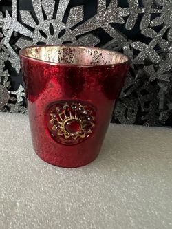 Elegant (2.75X3”) Red Glass Tea Light/Votive Holder Metallic Gold w/Medallion