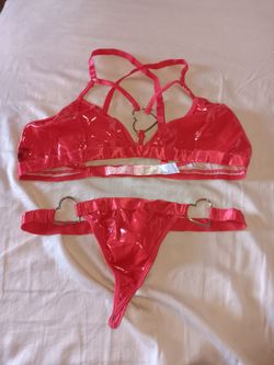 RAVE WEAR...Red Vinyl Lingerie Set with Heart Hardware