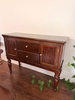 Dark Wood Dining Set with Table, 6 Chairs, and Sideboard