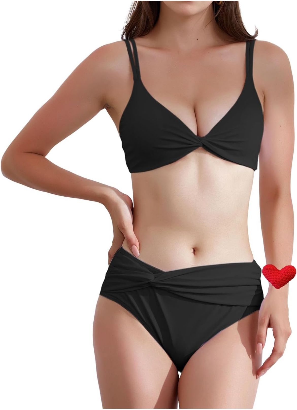 New Women Two Piece Sexy Swimwear High Waisted V Neck Twist Front Adjustable Spaghetti Double Straps Bathing Suit Bikini Sets with twist design, Sz L