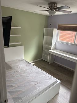 White full-size bedroom set bed frame, desk, shelves