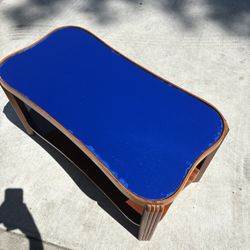 Vintage Wood Art Deco Coffee Table Colbolt Blue Mirrored Glass Top MCM