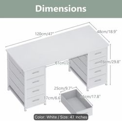 Computer Desk 47 Inch with 8 Fabric Drawers, Office Writing Desk with Large Storage, Vanity Desk for Home Office, Study or Bedroom