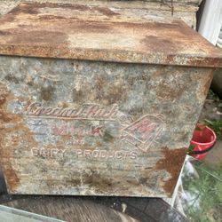 Vintage milk, dairy metal delivery galvanized box, outdoors, milk, man