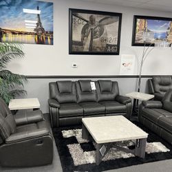 2PC Gray Leather Sofa & Loveseat w/ FREE Recliner 