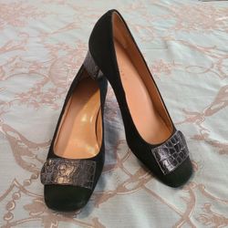 Talbots Bryn Black Genuine Leather Suede and Croc Embossed Heels Women Size 6.5