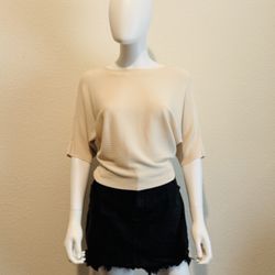 M Beige Ribbed Knit Boat Neck Short Sleeve