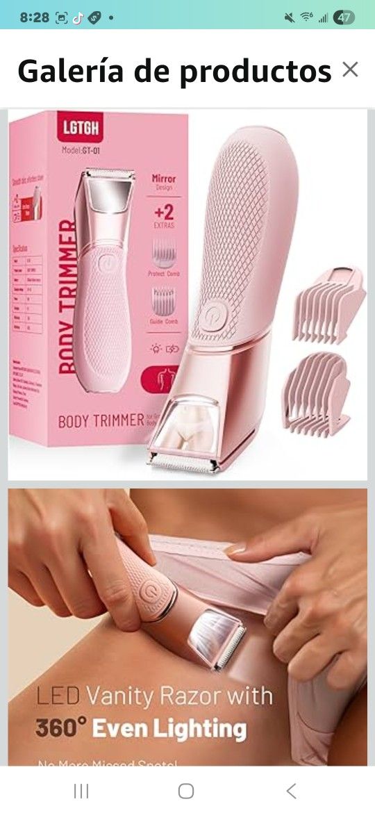Recortadora de bikini para mujer: maquinilla de afeitar de pelo púbico con espejo y luz LED, afeitadora eléctrica con cuchillas de cerámica y bloqueo
