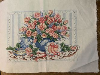 Completed Cross Stitch Roses and Vase