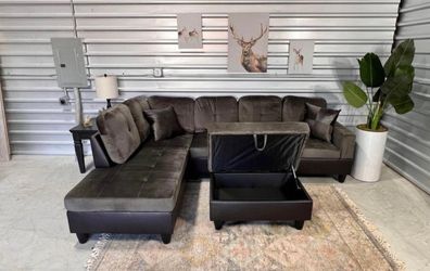 New Gray Sectional Sofa Microfiber Couch With Free Storage Ottoman And Pillows 