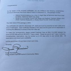 $650.00 Hard Rock Gift Certificates