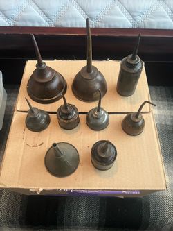 Antique Vintage Mini Thumb Oil Cans & Funnel