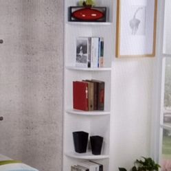 Tall Gloss White 5 Shelf Corner Bookcase. Tall Corner Shelf