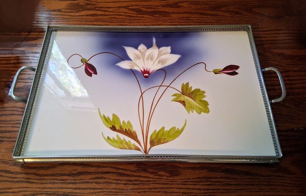 Large Victorian Painted Porcelain And Silverplate Tray