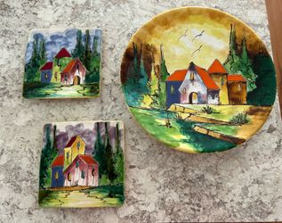 Set of 3 decorative plates, 1 round 14 1/4” and 2 square 7 1/2” each. Collectible, never used, in perfect condition. $25 for all of them.