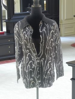 Black and White Embroidered Button-Up Cardigan