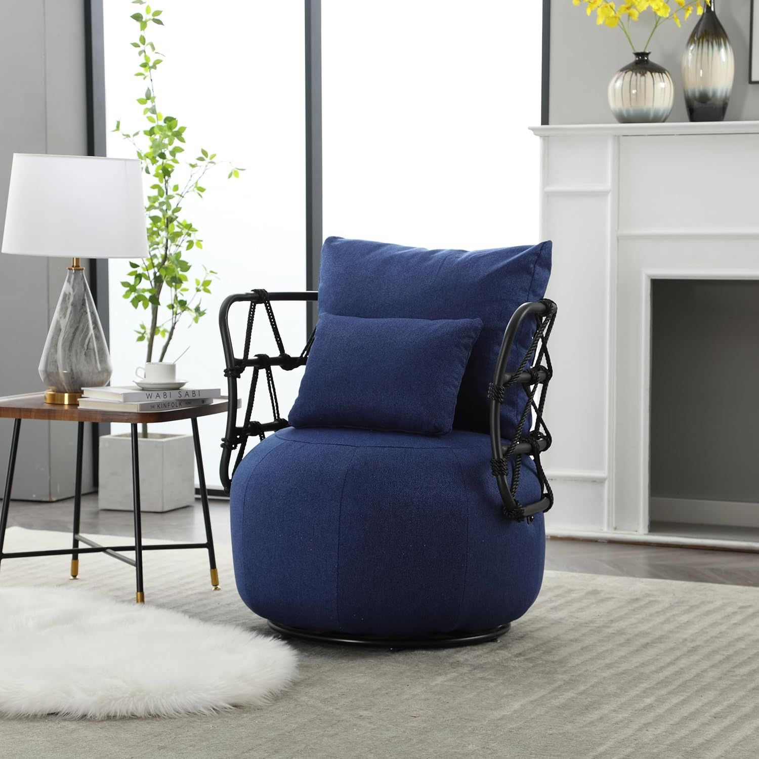 Brand New Textured Linen Fabric Upholstered Tufted Accent Chair with Metal Stand-Navy