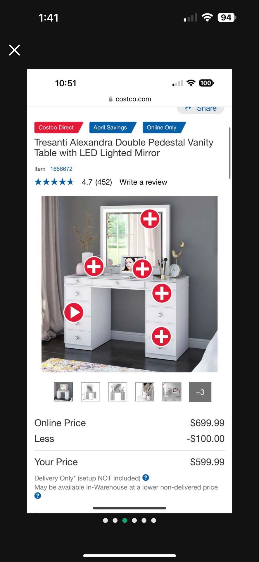 Pedestal Vanity Table with LED Lighted Mirror