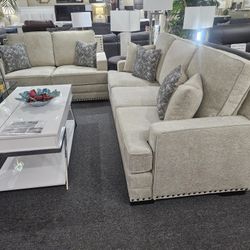 Brand New Biege Chenille Sofa + Loveseat 2PCs Set With Nailhead Trimmings
