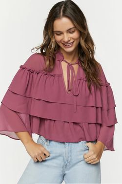 Forever New without Tags 21 Mauve Tiered Flounce Tie-Neck Chiffon Top Size M