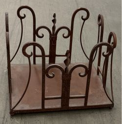 Vintage Wrought iron printed media paper bin or wood stack bin