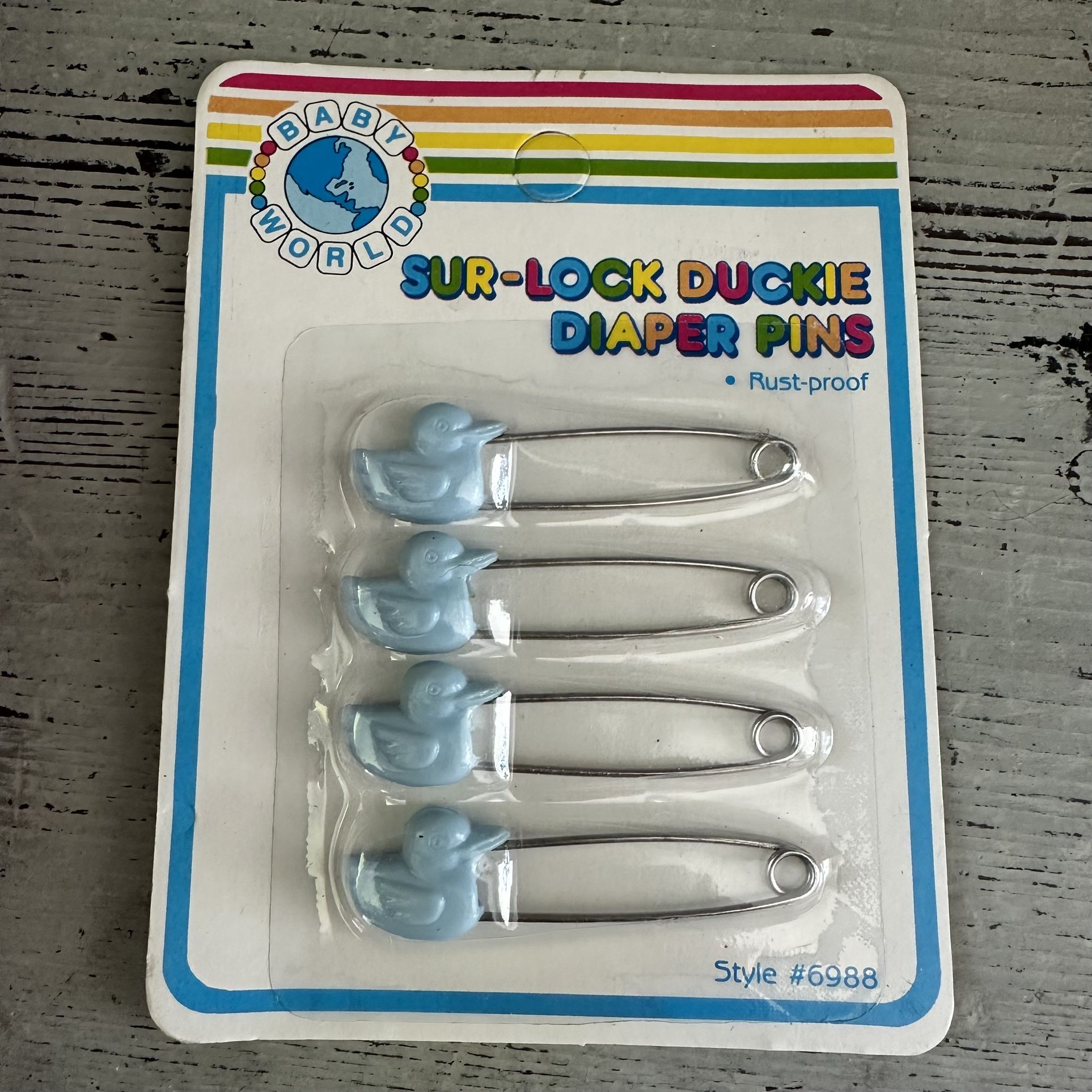 Baby World Sur-lock Duckie Diaper Pins New Old Stock Vintage 80’s Blue Ducks Unopened pack of 4 pins