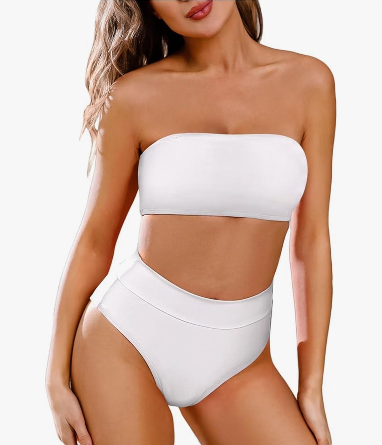 Pink Queen Women's 2 Piece Plus Size High Waisted Bikini Set Bandeau Strapless High Cut Swimsuit Bating Suit White 2XL