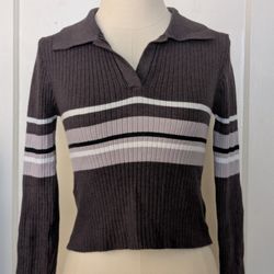 Grey Long Sleeve Blouse fits Small Medium Striped with Collar