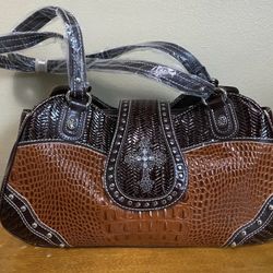 SILVERAKE Western Faux Croc Rhinestone Cross PURSE Studded Hobo Tote Bag Brown