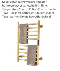 Gold Heated Towel Warmer Radiator Bathroom Accessories, Built-in Timer Temperature Control 10 Bars Electric Heated Towel Racks for Bathroom, Stainless