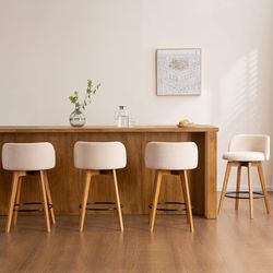 Mid Century Swivel 26" Counter Bar Stools set of 4 , Beige Chenille Fabric with Dark Oak Wood 
Low Curve