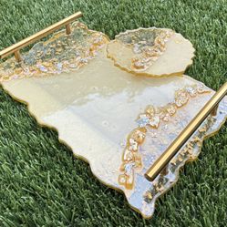 Luxury Gold Resin Tray Set | Handmade Geode-Inspired Serving Tray with Golden Handles & Matching Small Round Tray | Elegant Home Décor
