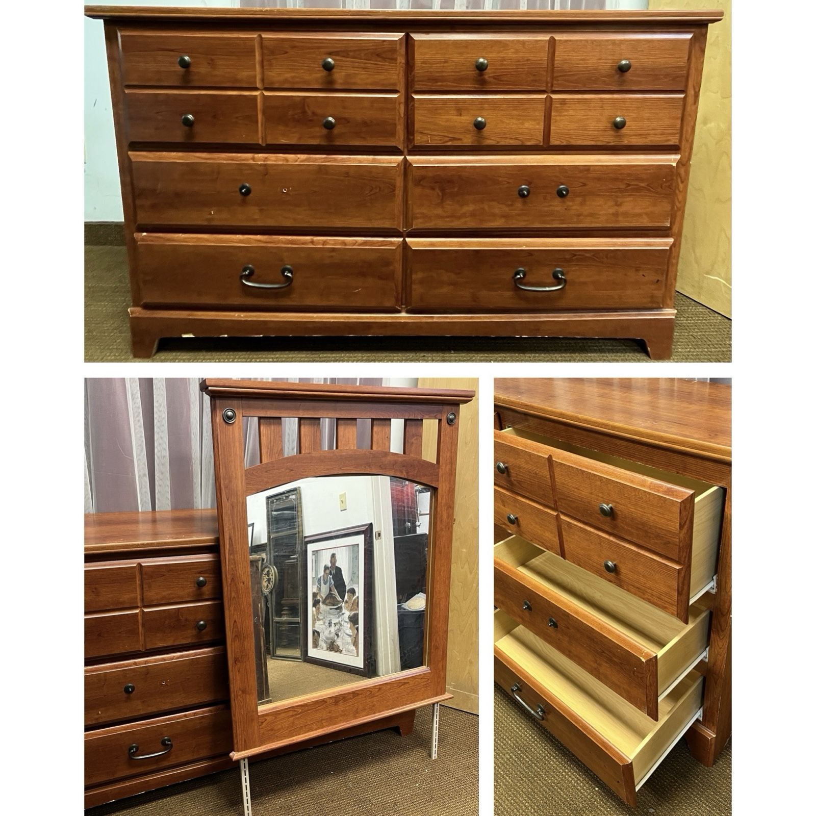 6 Drawer long dresser with removable mirror. Chest of drawers.