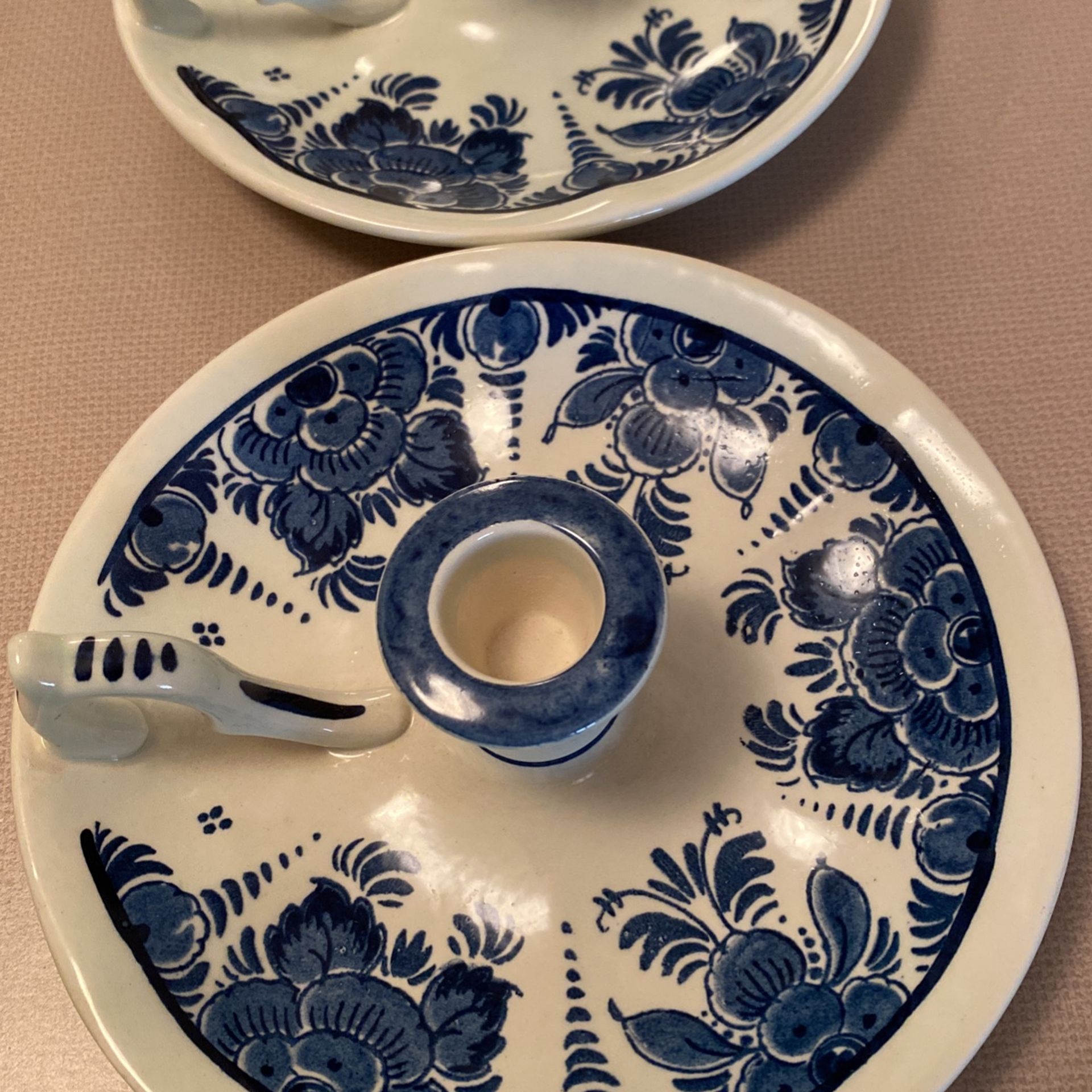 Antique Delft's Blue Hand Painted Handled Candle Stick Holder Set