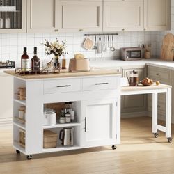 White Kitchen Island on Wheels w/ Power Outlet & Foldable Top
