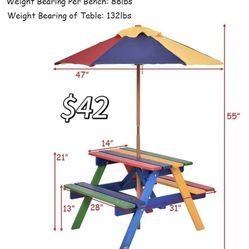 😀 Kids Picnic Table Set w/Removable & Foldable Umbrella, Outside Table Set with Benches, Wooden Table and Bench Set for Toddler Boys Girls,Colorful, 