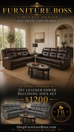 2pc Reclining Sofa Set • Grey or Brown Leather Sofas