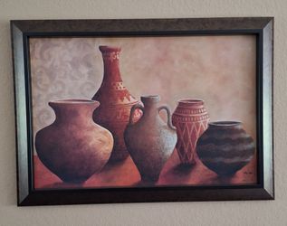 Framed hand-painted rustic vases picture.