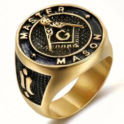 Gold Plated Master Mason Ring Black Enamel Square Compass Masonic Band Size 10