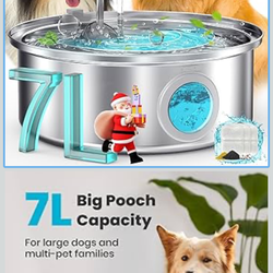 oneisall Dog Water Fountain, 7L/230oz/1.8G Quiet Dog Fountain Water Bowl, Stainless Steel Dog Water Fountain with Visual Water Level&Triple Filtration