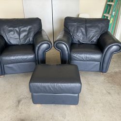 2 Dark Blue Oversized Leather Chairs With Matching Ottoman 