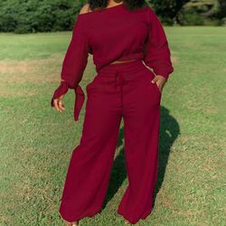 RED 2 Piece Sweatsuit Fleece Long Sleeve Crop Top Sweatshirt and High Waist Jogger Pant Sets Womens