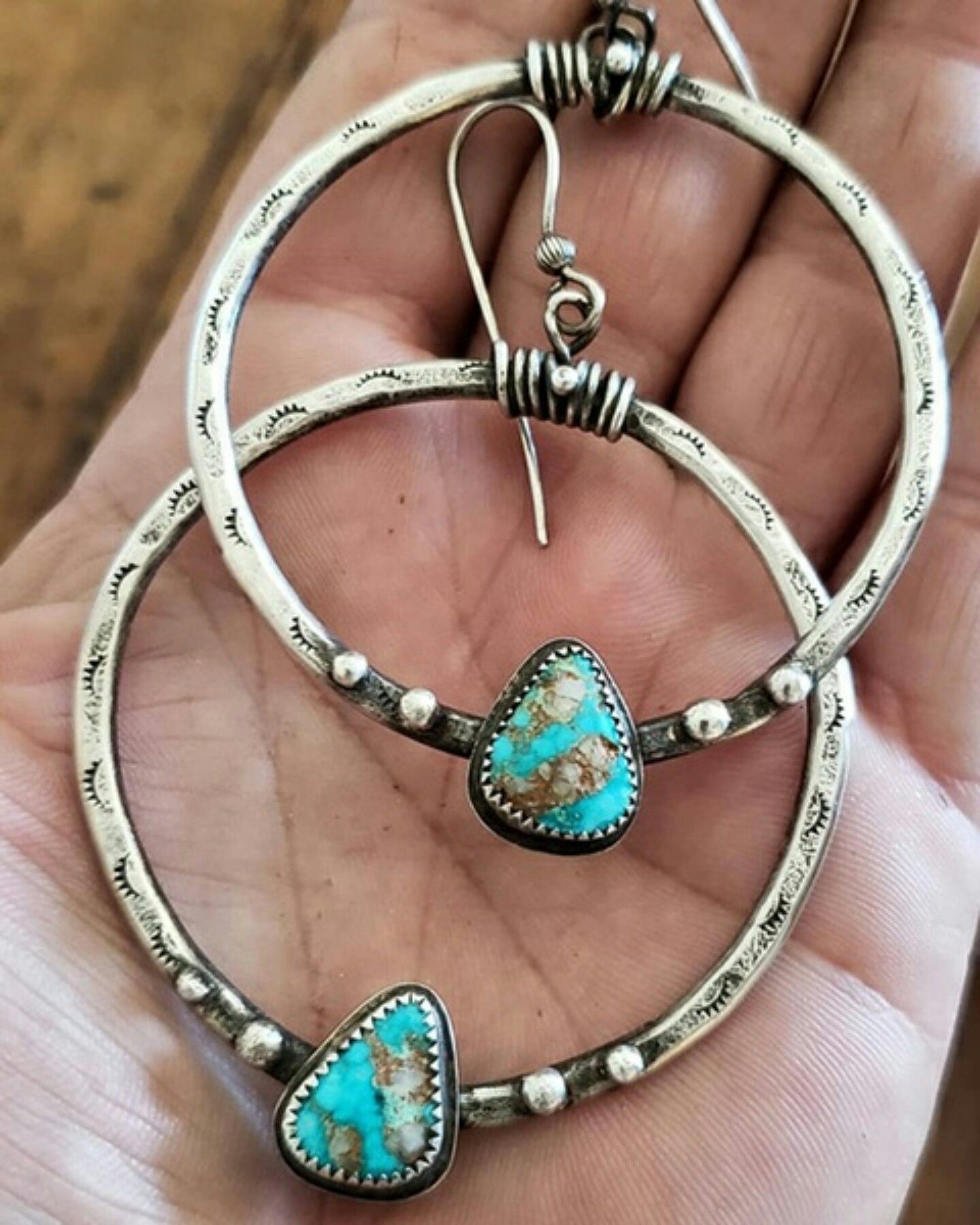 Retro Sterling Sliver Turquoise Dangle Hoop Earrings