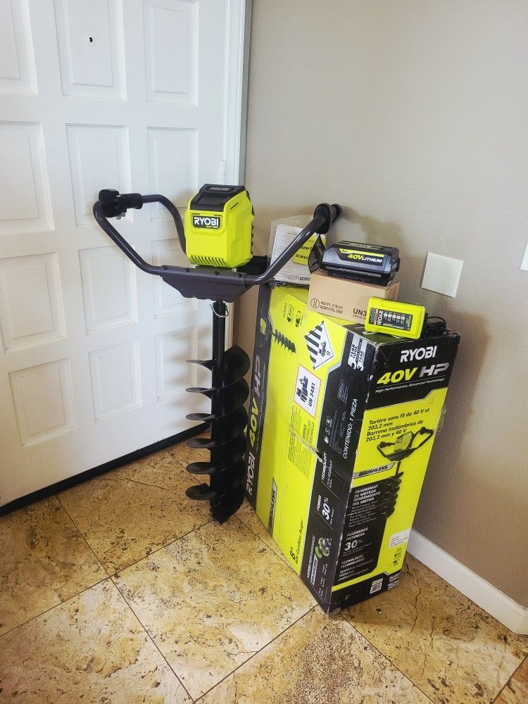 Ryobi Brand New 40V HP Brushless Cordless Earth Auger Powerhead with 8 in. Bit with 4.0 Ah Battery and Charger