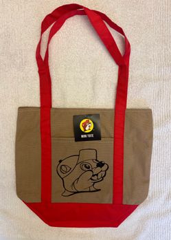Buc-ees Mini Reusable Tote Bag Beige/Red Graphic Print on both sides