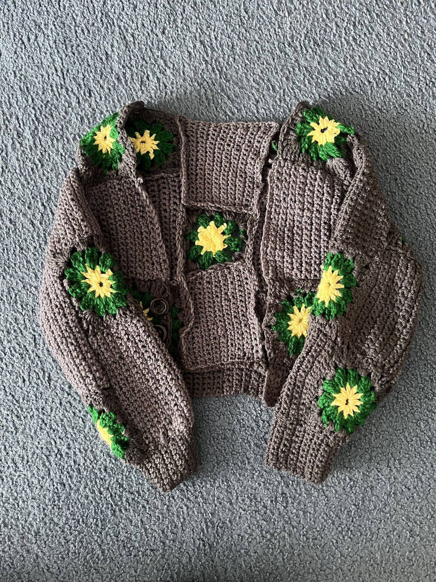 Grey Handmade Chunky Granny Square Cropped Cardigan Sweater Floral Stars Crochet