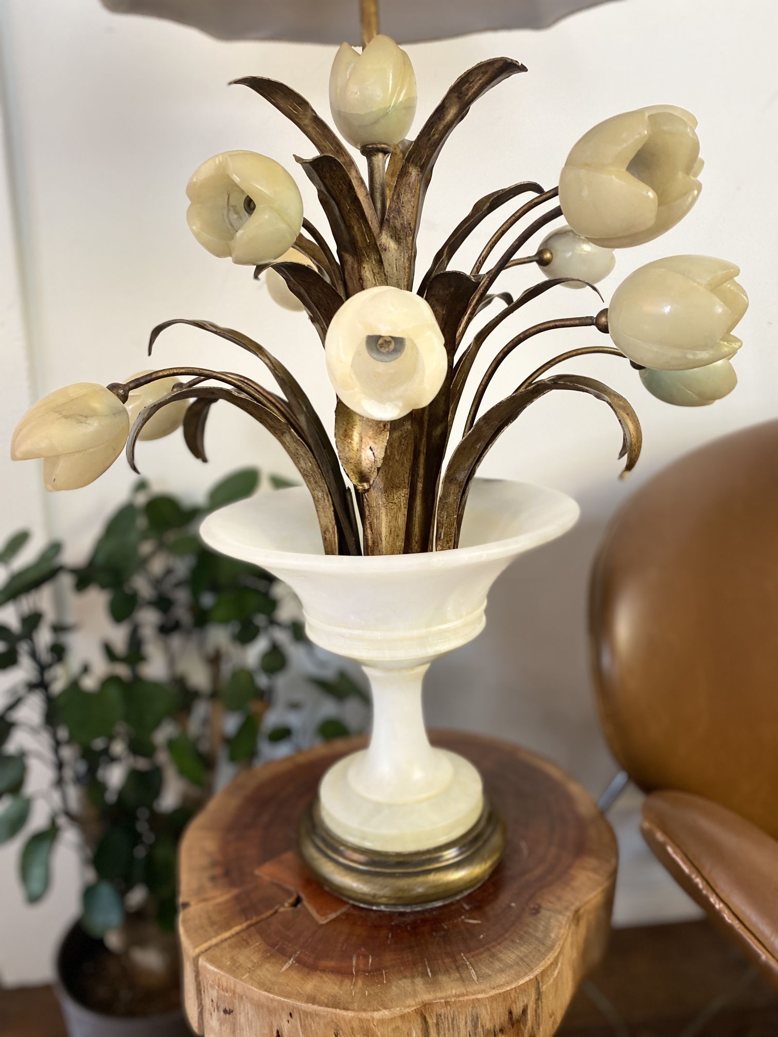 Vintage Italian Alabaster Flower Lamp 1960s 50s Night Stand Lamp Side Table