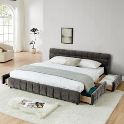 DNYN King Size Grounded Bed with 4 Storage Drawers and Solid Wood Frame for Bedroom, Low-Profile Upholstered Chenille Bed with Headboard, Space-Saving