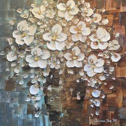 ORIGINAL painting on canvas palette knife impasto textured flowers bouquet White Vase by Susanna shap